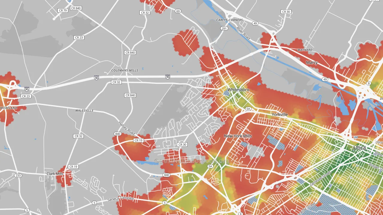 Walk Grade map of 13492, NY, walkable areas in green and car-dependent areas in red