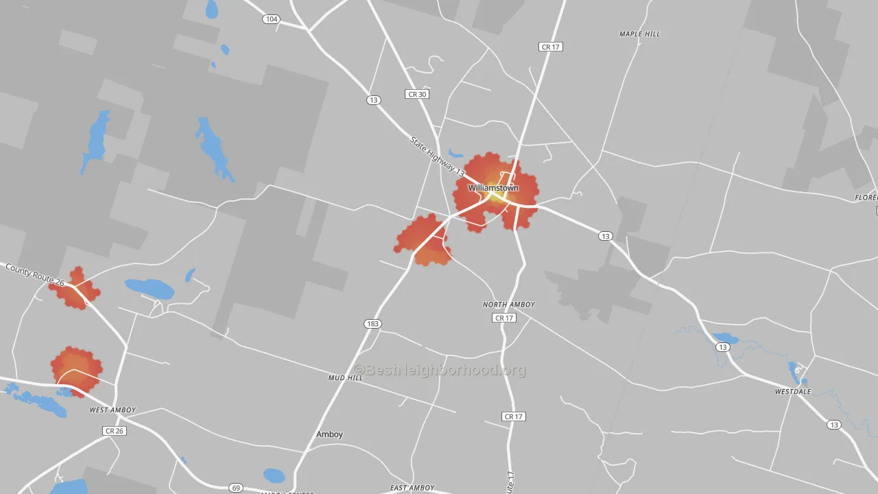 Walk Grade map of 13493, NY, walkable areas in green and car-dependent areas in red
