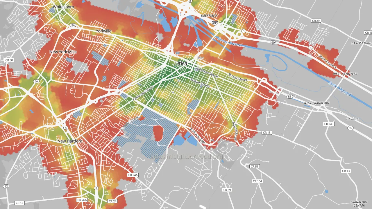 Walk Grade map of 13501, NY, walkable areas in green and car-dependent areas in red