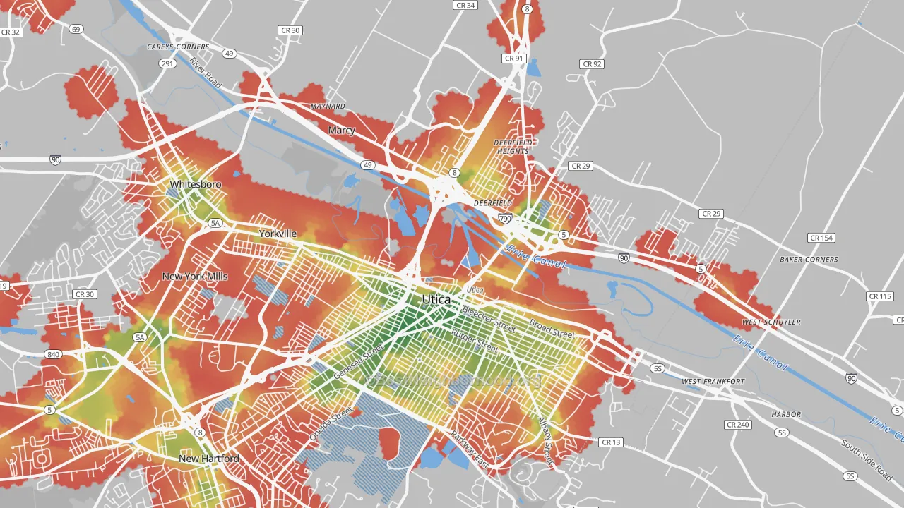 Walk Grade map of 13502, NY, walkable areas in green and car-dependent areas in red