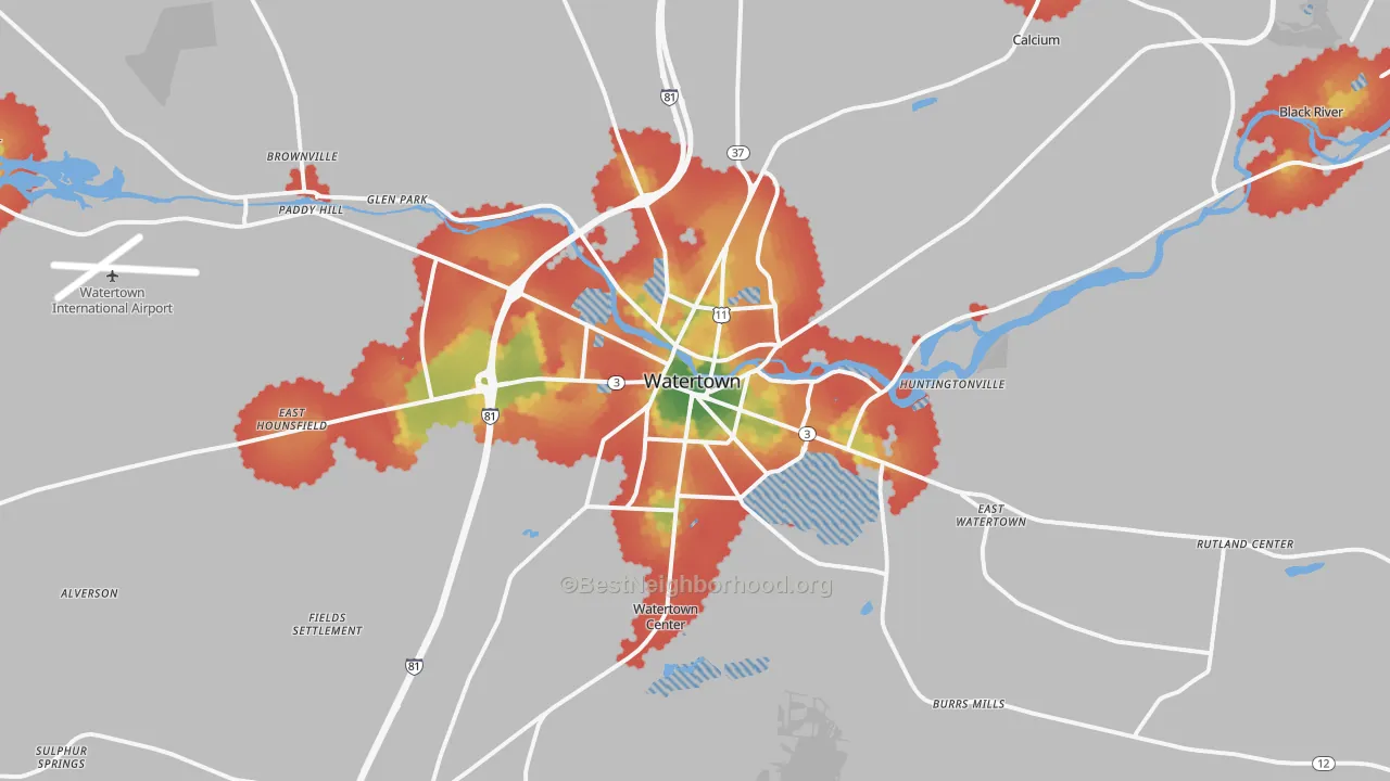 Walk Grade map of 13601, NY, walkable areas in green and car-dependent areas in red