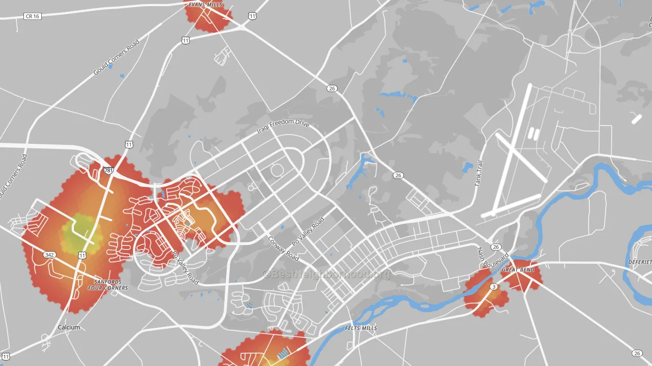 Walk Grade map of 13602, NY, walkable areas in green and car-dependent areas in red