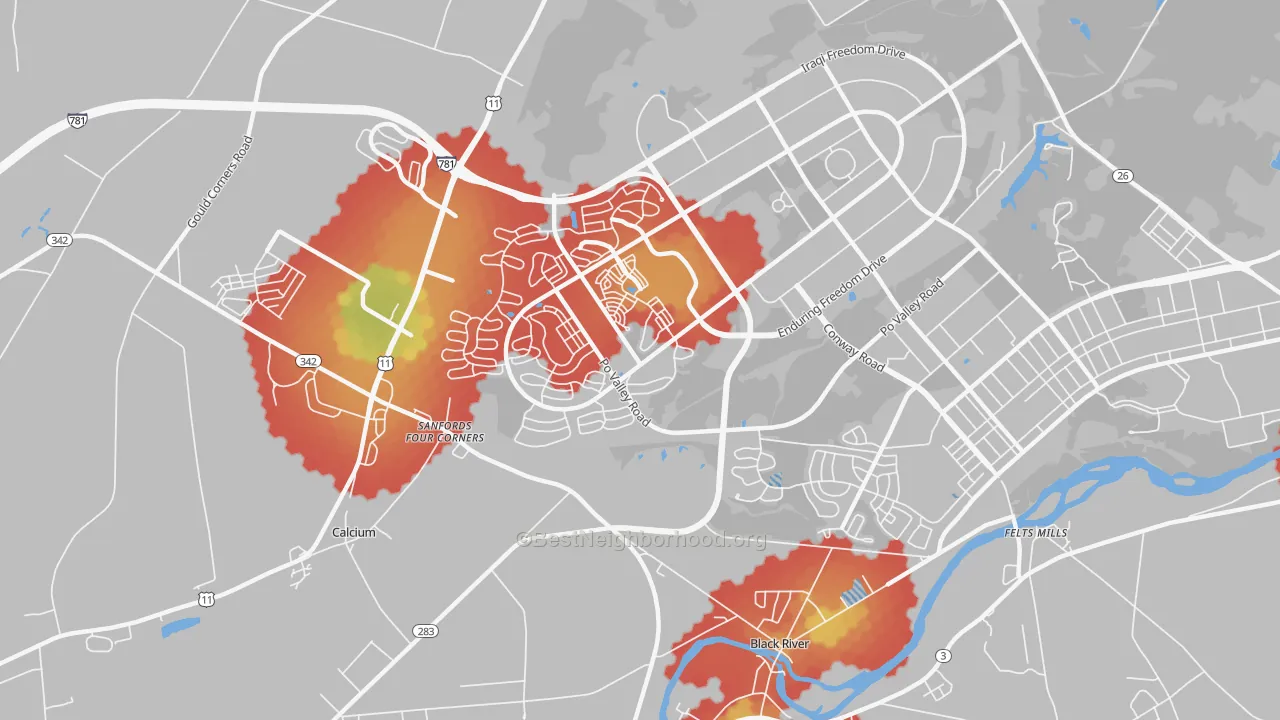 Walk Grade map of 13603, NY, walkable areas in green and car-dependent areas in red