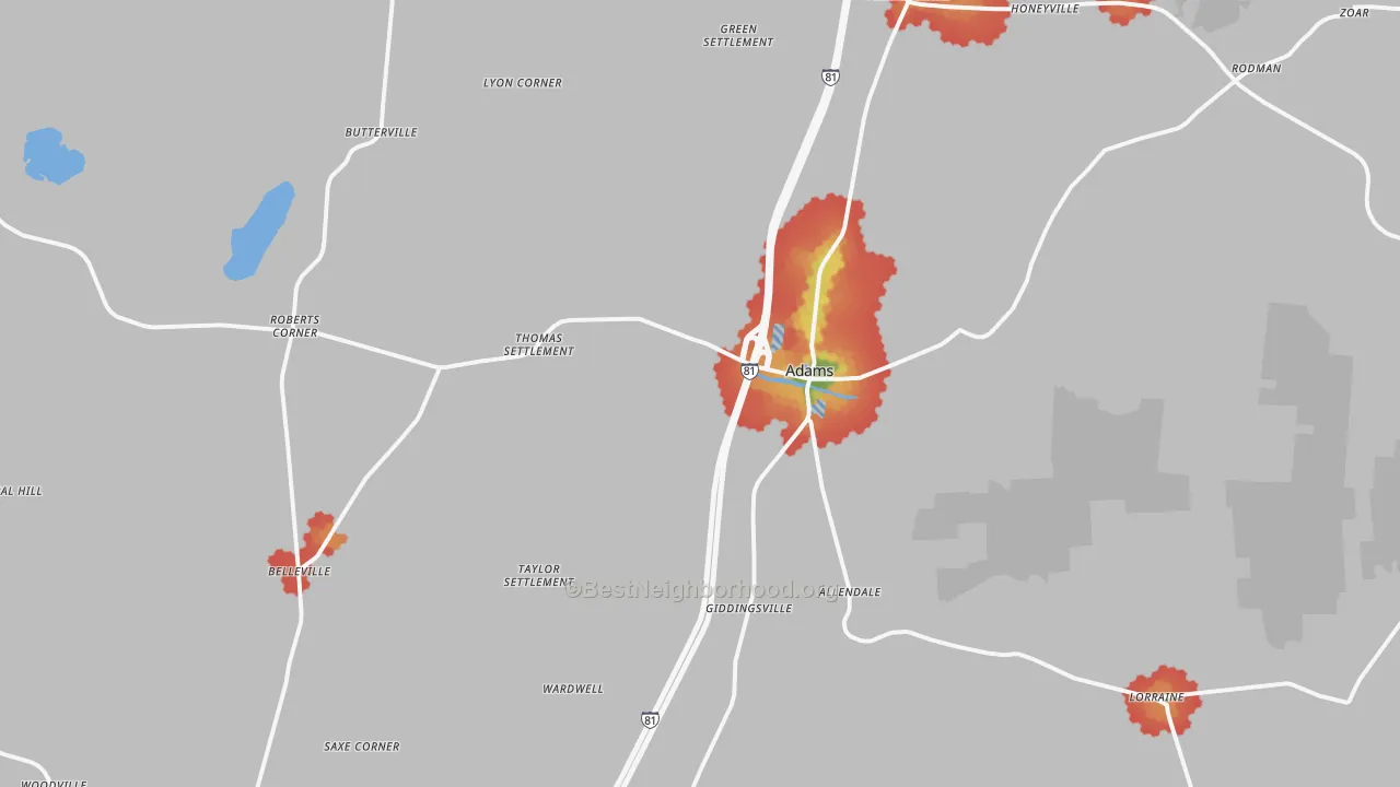Walk Grade map of 13605, NY, walkable areas in green and car-dependent areas in red