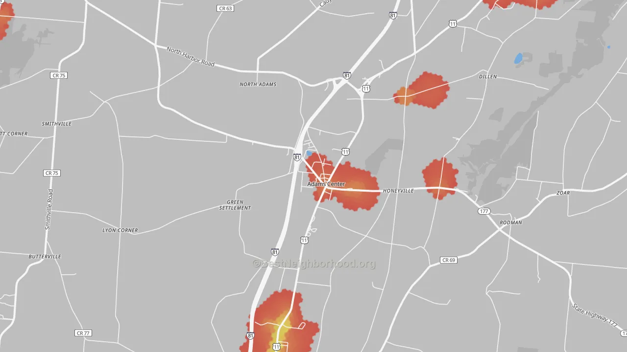 Walk Grade map of 13606, NY, walkable areas in green and car-dependent areas in red