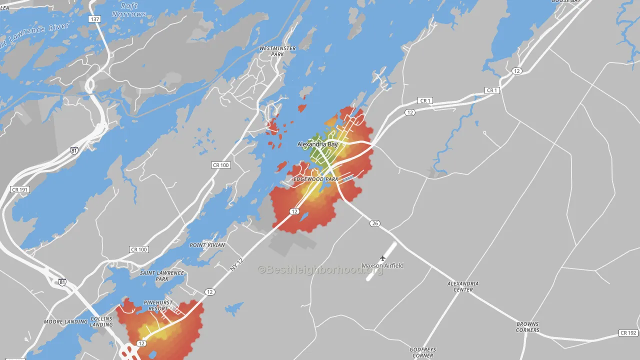 Walk Grade map of 13607, NY, walkable areas in green and car-dependent areas in red