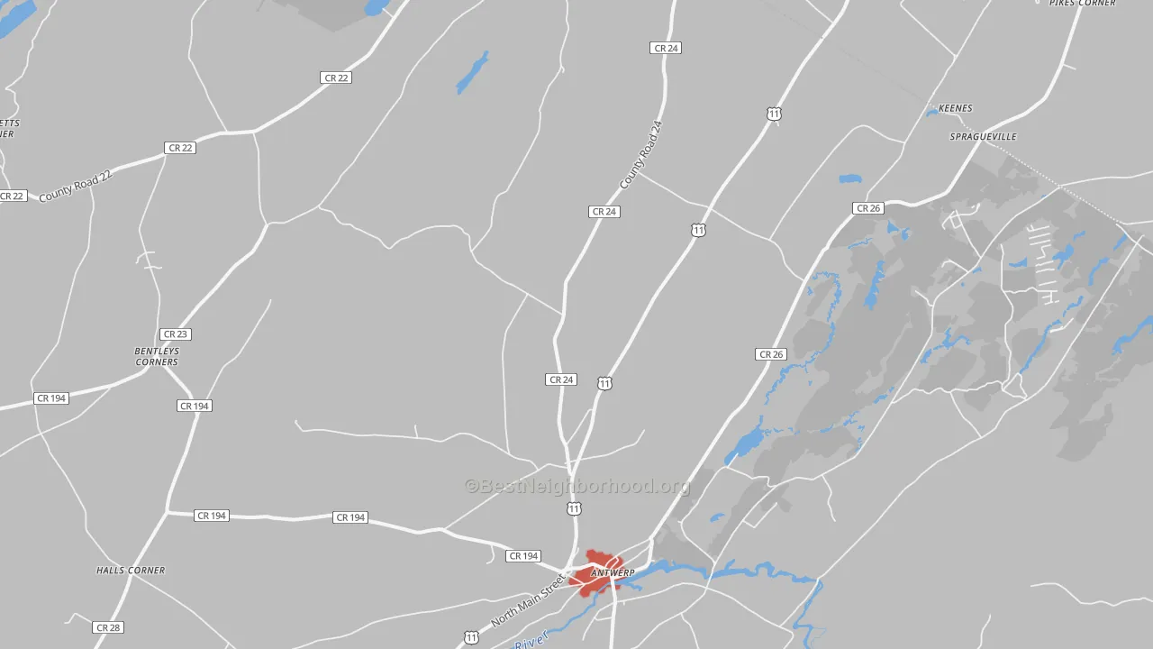Walk Grade map of 13608, NY, walkable areas in green and car-dependent areas in red