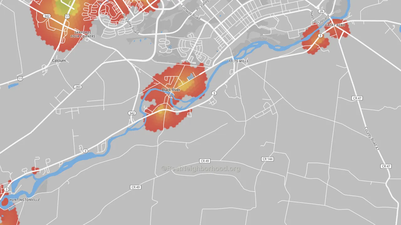 Walk Grade map of 13612, NY, walkable areas in green and car-dependent areas in red