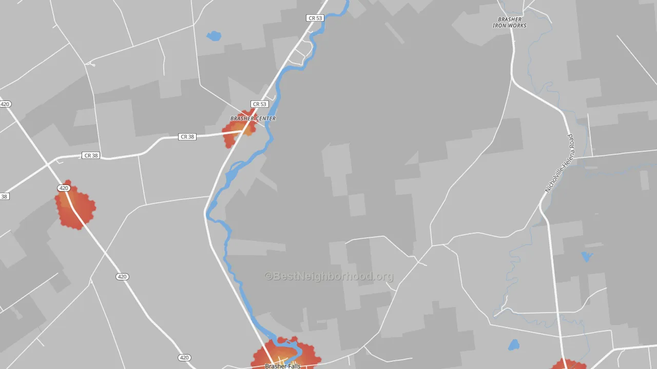 Walk Grade map of 13613, NY, walkable areas in green and car-dependent areas in red