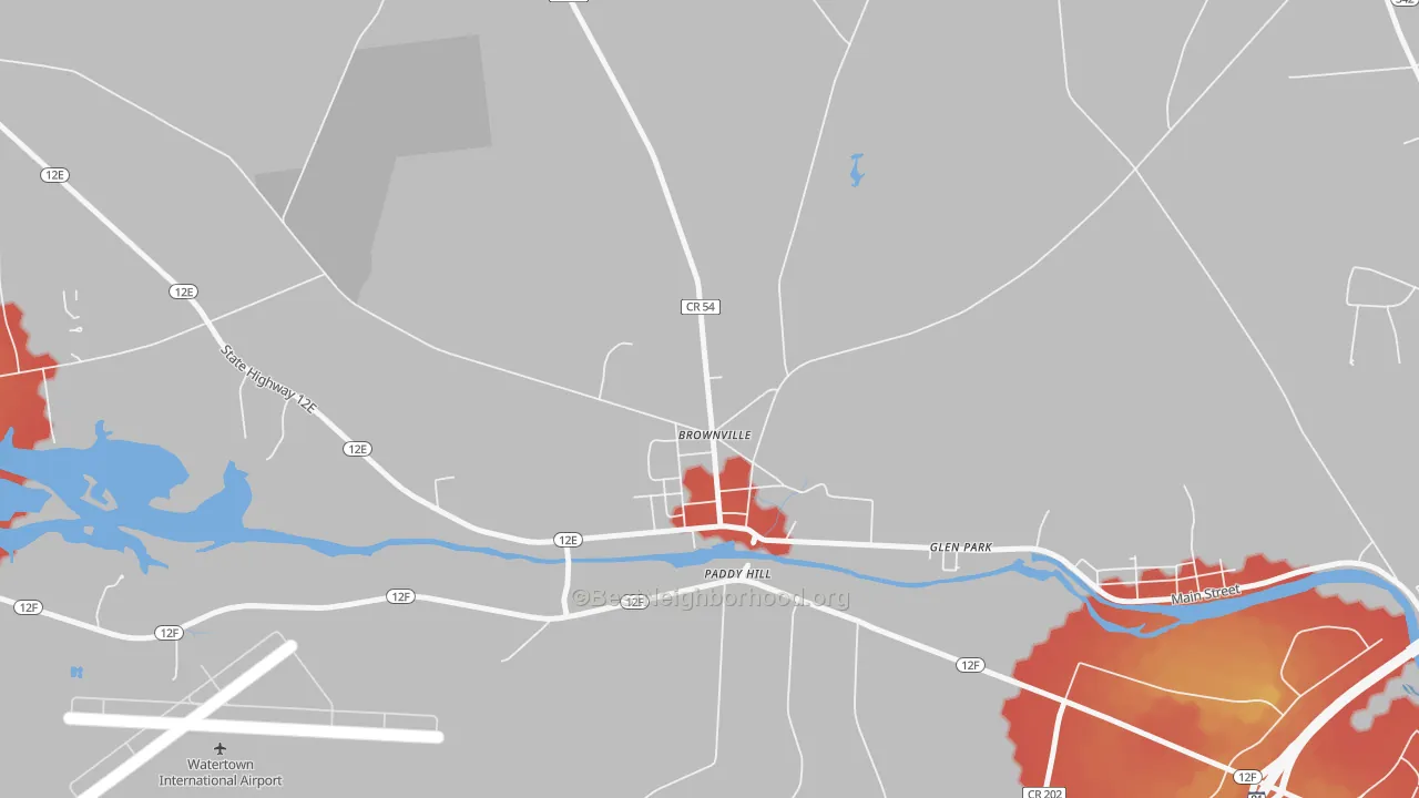 Walk Grade map of 13615, NY, walkable areas in green and car-dependent areas in red