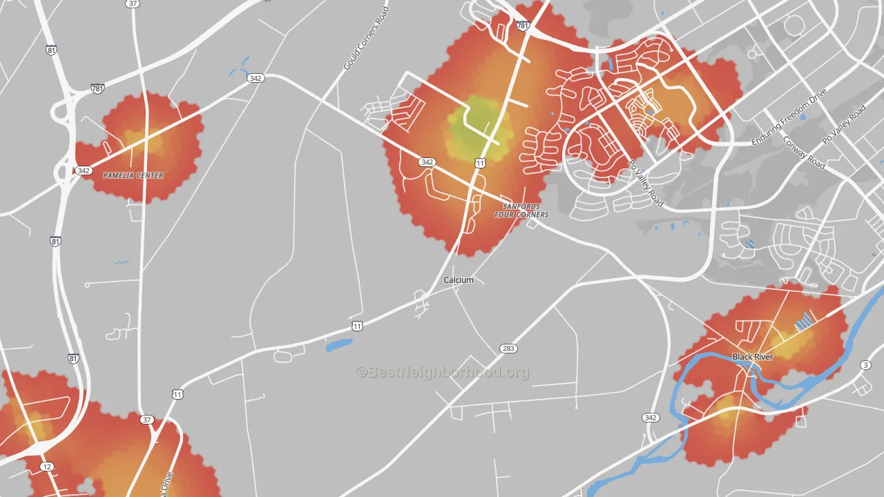 Walk Grade map of 13616, NY, walkable areas in green and car-dependent areas in red