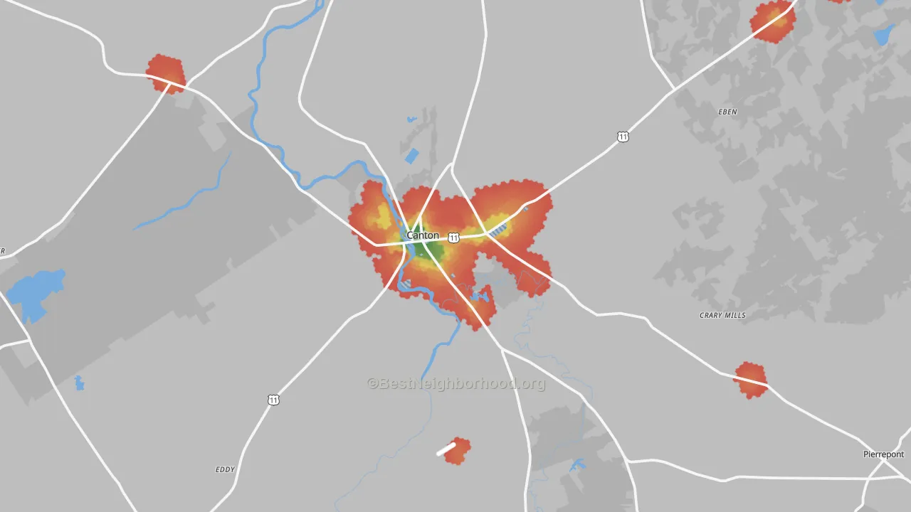 Walk Grade map of 13617, NY, walkable areas in green and car-dependent areas in red