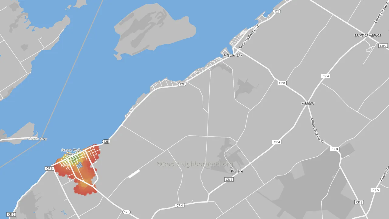 Walk Grade map of 13618, NY, walkable areas in green and car-dependent areas in red