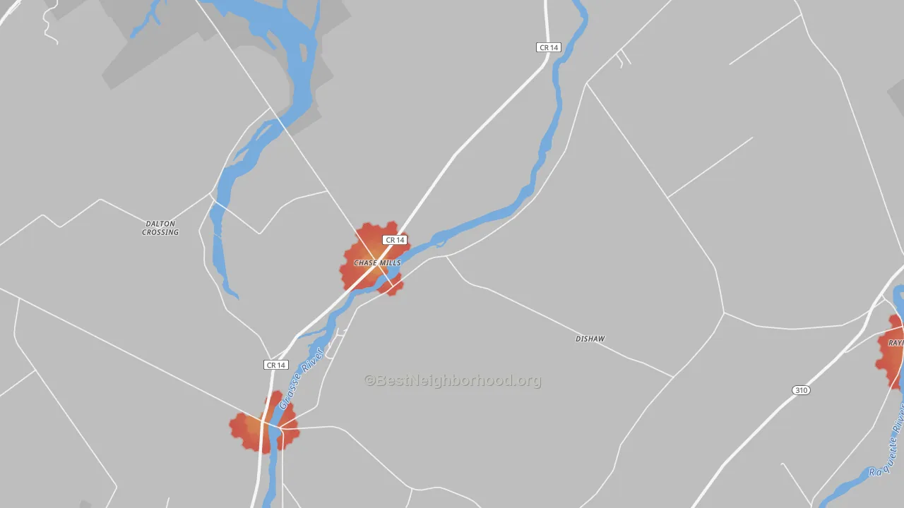 Walk Grade map of 13621, NY, walkable areas in green and car-dependent areas in red