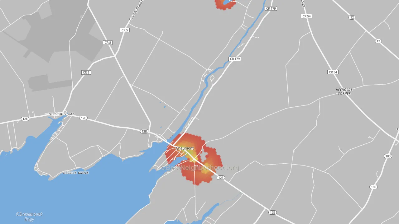 Walk Grade map of 13622, NY, walkable areas in green and car-dependent areas in red