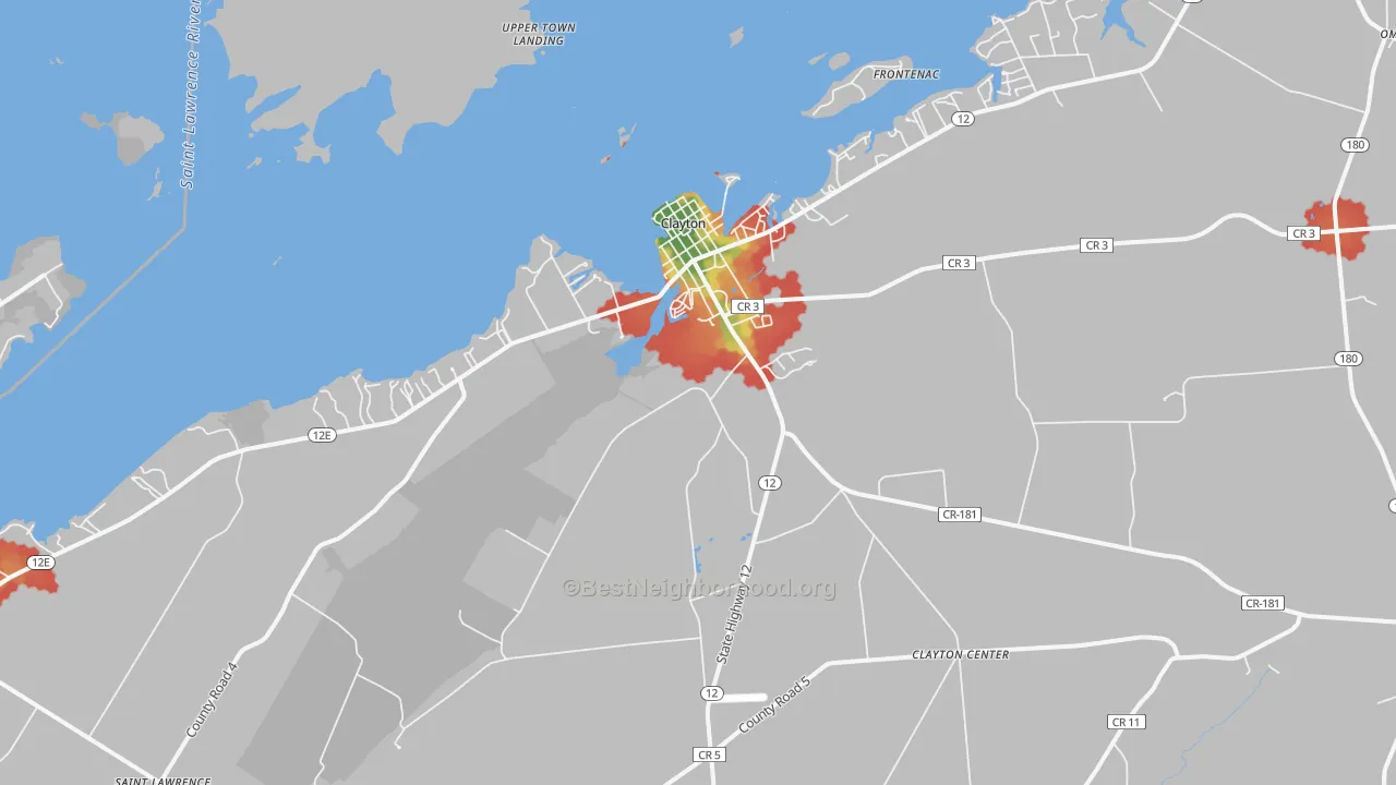 Walk Grade map of 13624, NY, walkable areas in green and car-dependent areas in red