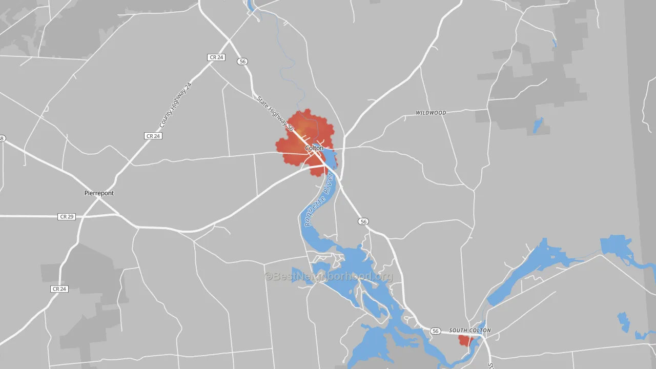 Walk Grade map of 13625, NY, walkable areas in green and car-dependent areas in red