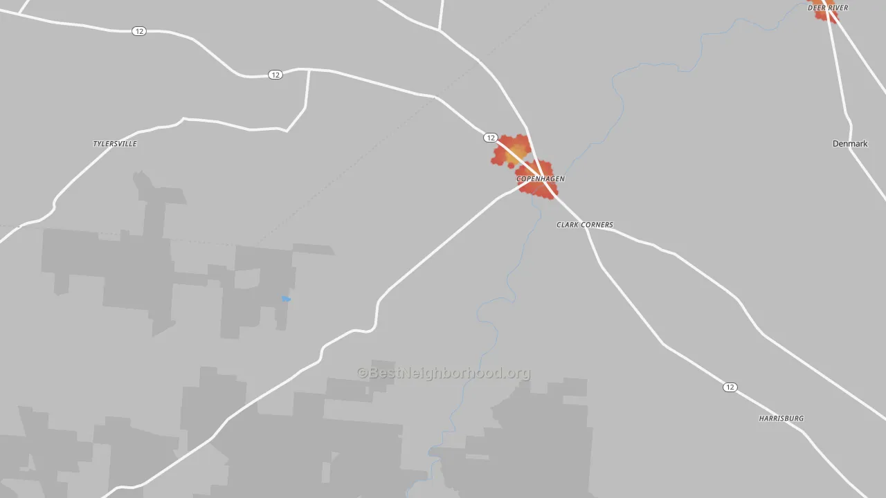 Walk Grade map of 13626, NY, walkable areas in green and car-dependent areas in red