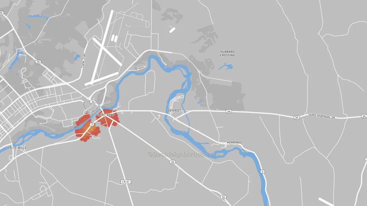 Walk Grade map of 13628, NY, walkable areas in green and car-dependent areas in red