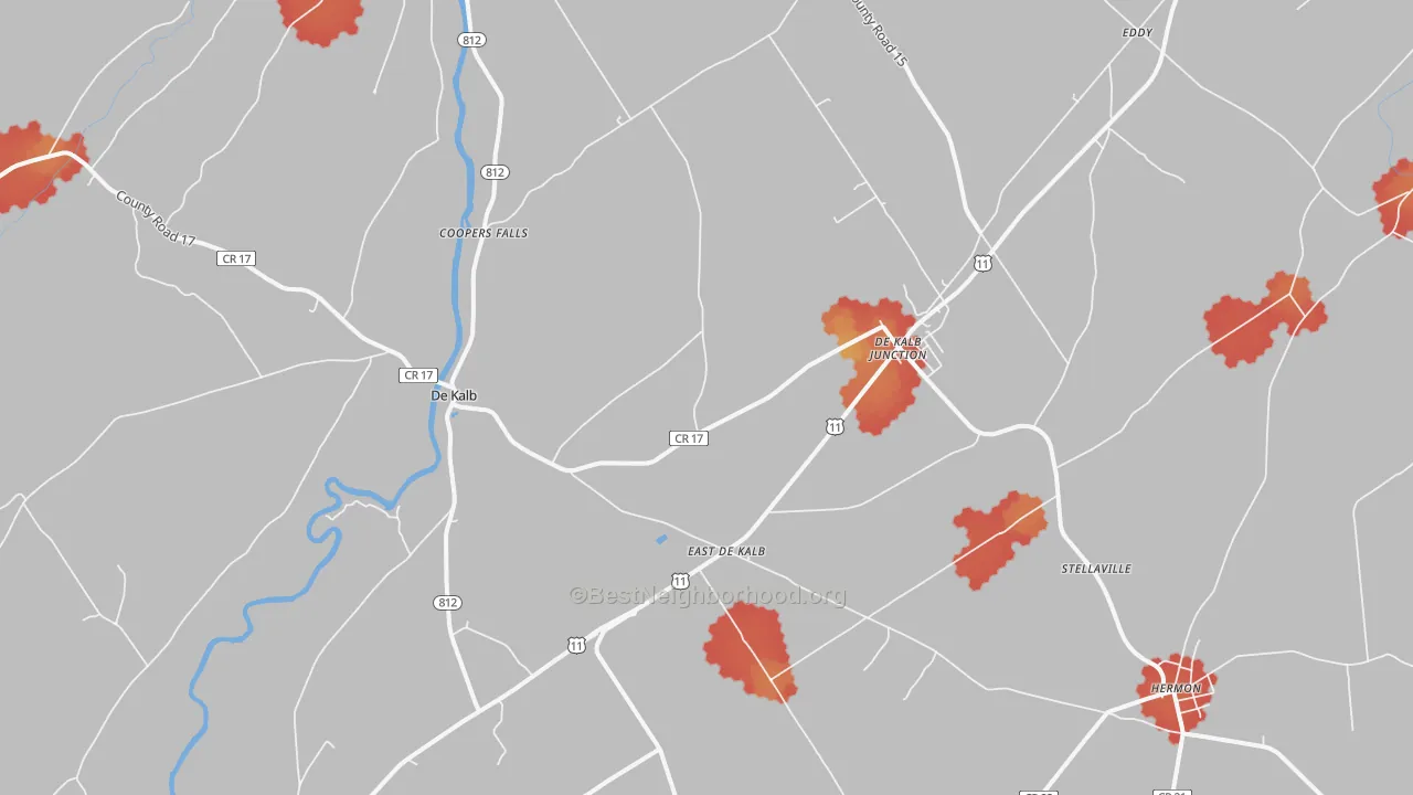 Walk Grade map of 13630, NY, walkable areas in green and car-dependent areas in red