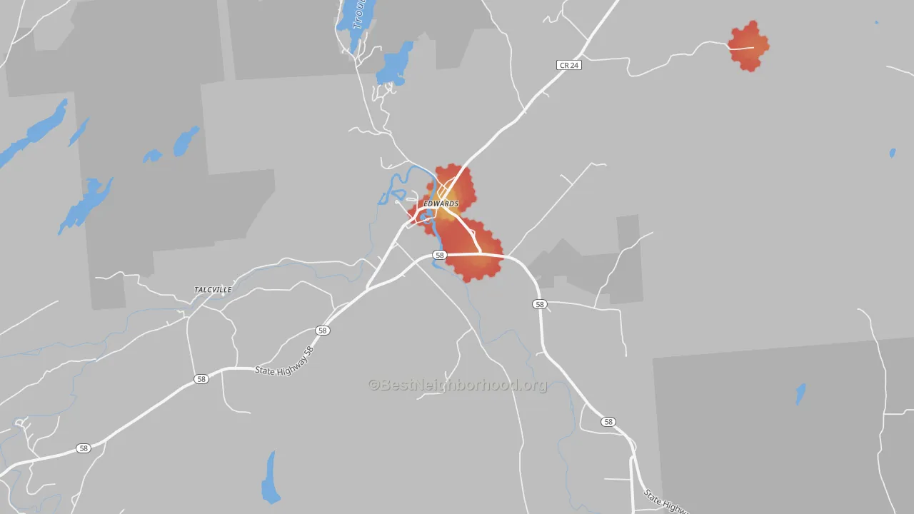 Walk Grade map of 13635, NY, walkable areas in green and car-dependent areas in red