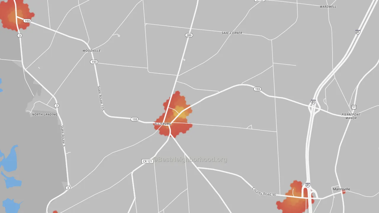 Walk Grade map of 13636, NY, walkable areas in green and car-dependent areas in red