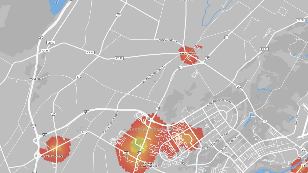 Walk Grade map of 13637, NY, walkable areas in green and car-dependent areas in red
