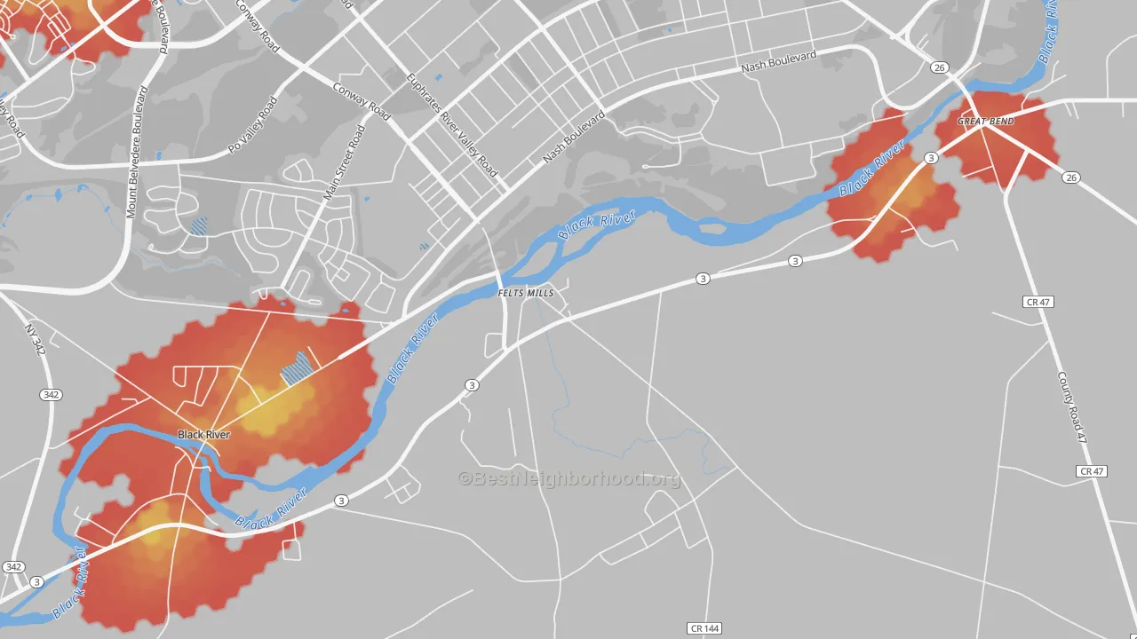 Walk Grade map of 13638, NY, walkable areas in green and car-dependent areas in red
