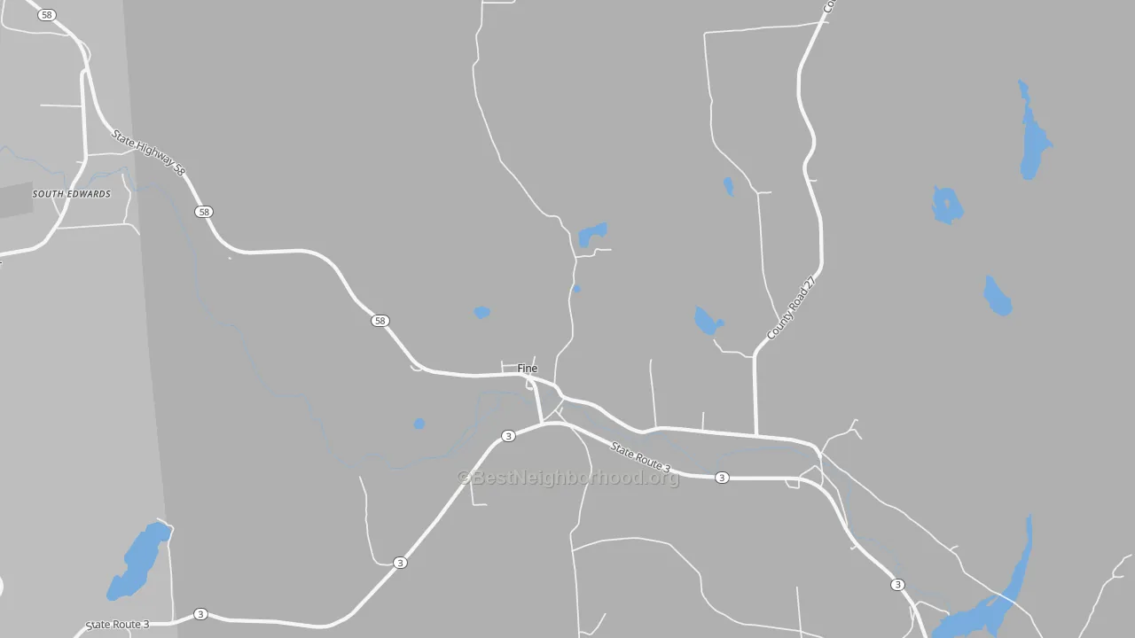 Walk Grade map of 13639, NY, walkable areas in green and car-dependent areas in red