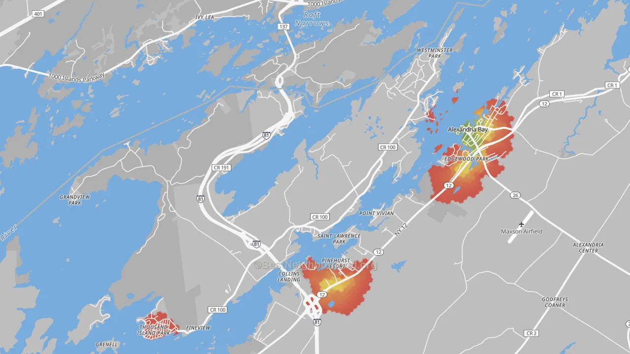 Walk Grade map of 13640, NY, walkable areas in green and car-dependent areas in red