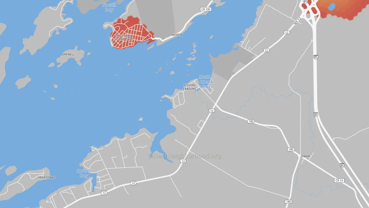 Walk Grade map of 13641, NY, walkable areas in green and car-dependent areas in red