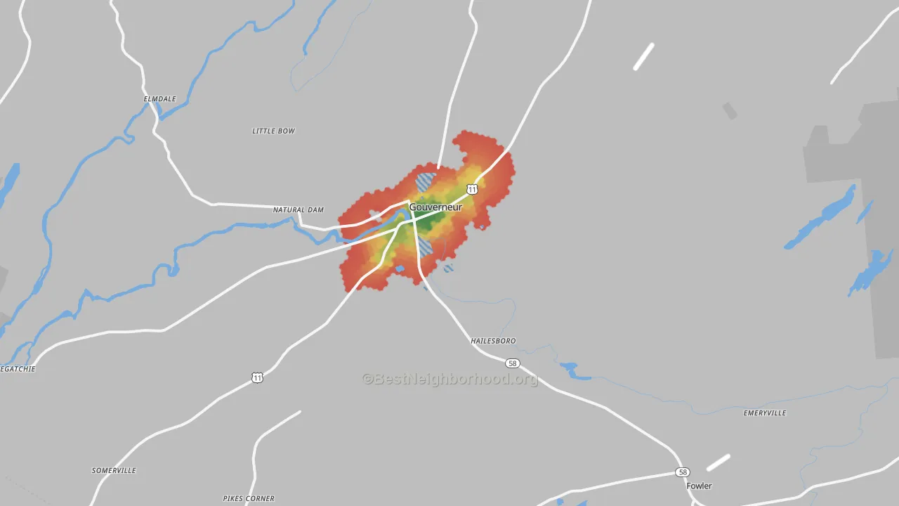 Walk Grade map of 13642, NY, walkable areas in green and car-dependent areas in red
