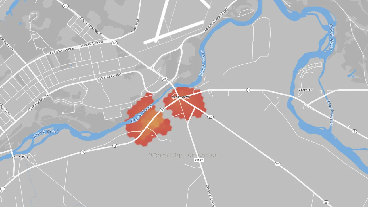 Walk Grade map of 13643, NY, walkable areas in green and car-dependent areas in red