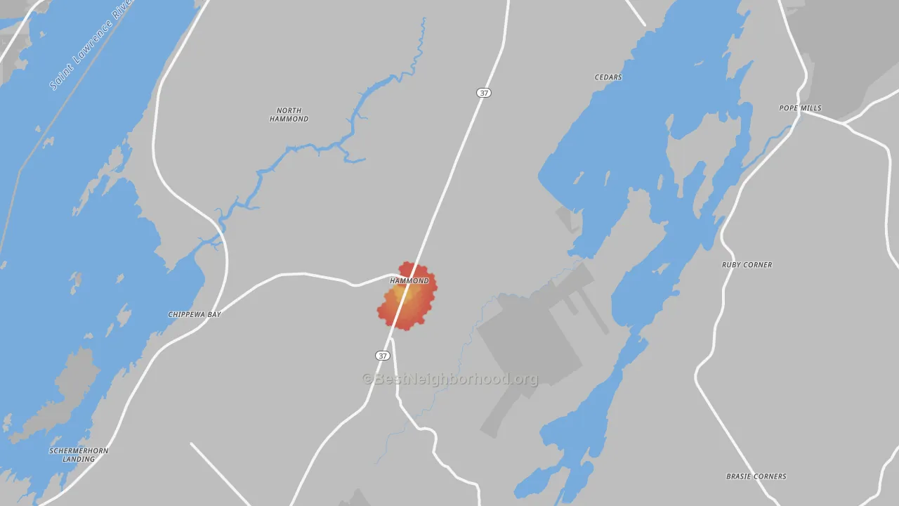 Walk Grade map of 13646, NY, walkable areas in green and car-dependent areas in red