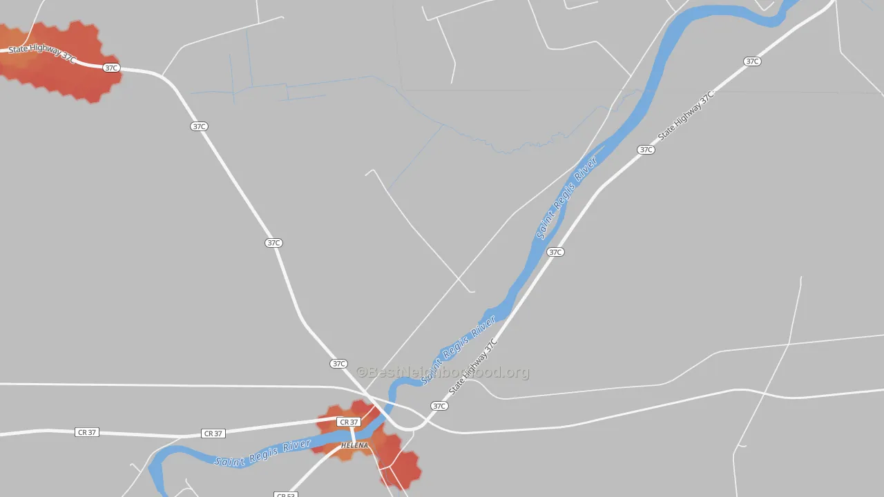 Walk Grade map of 13649, NY, walkable areas in green and car-dependent areas in red