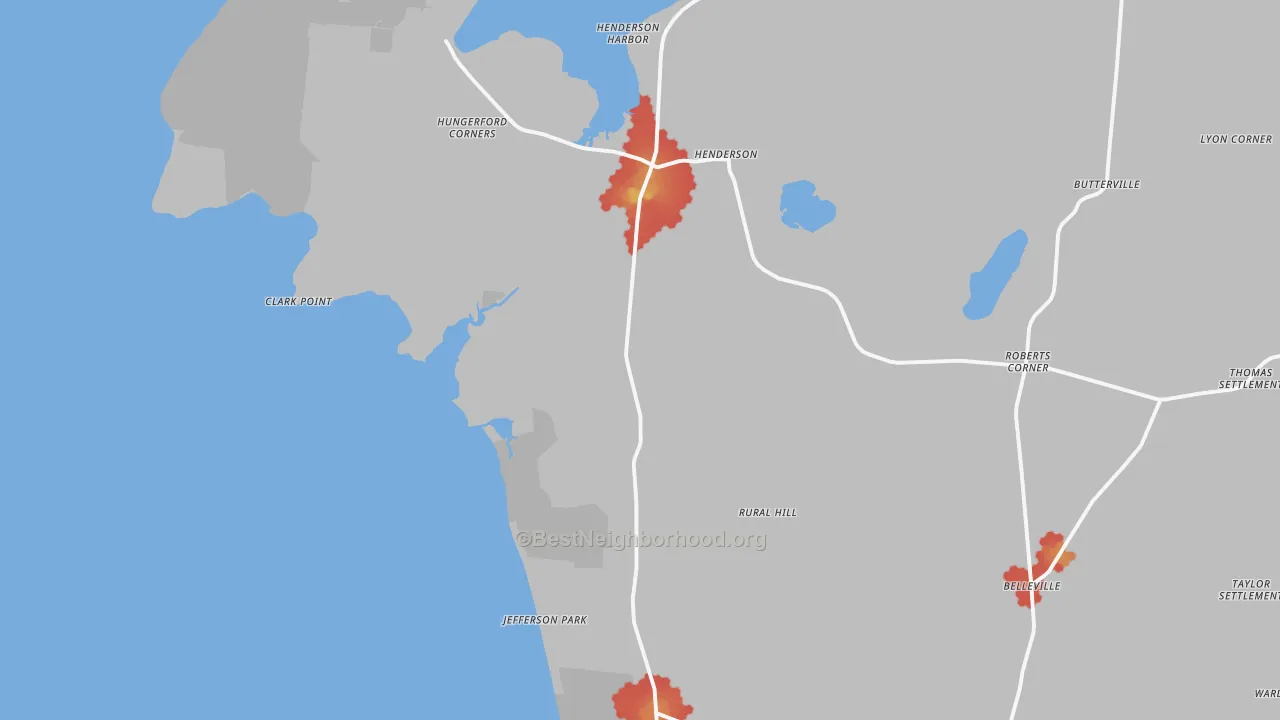 Walk Grade map of 13650, NY, walkable areas in green and car-dependent areas in red