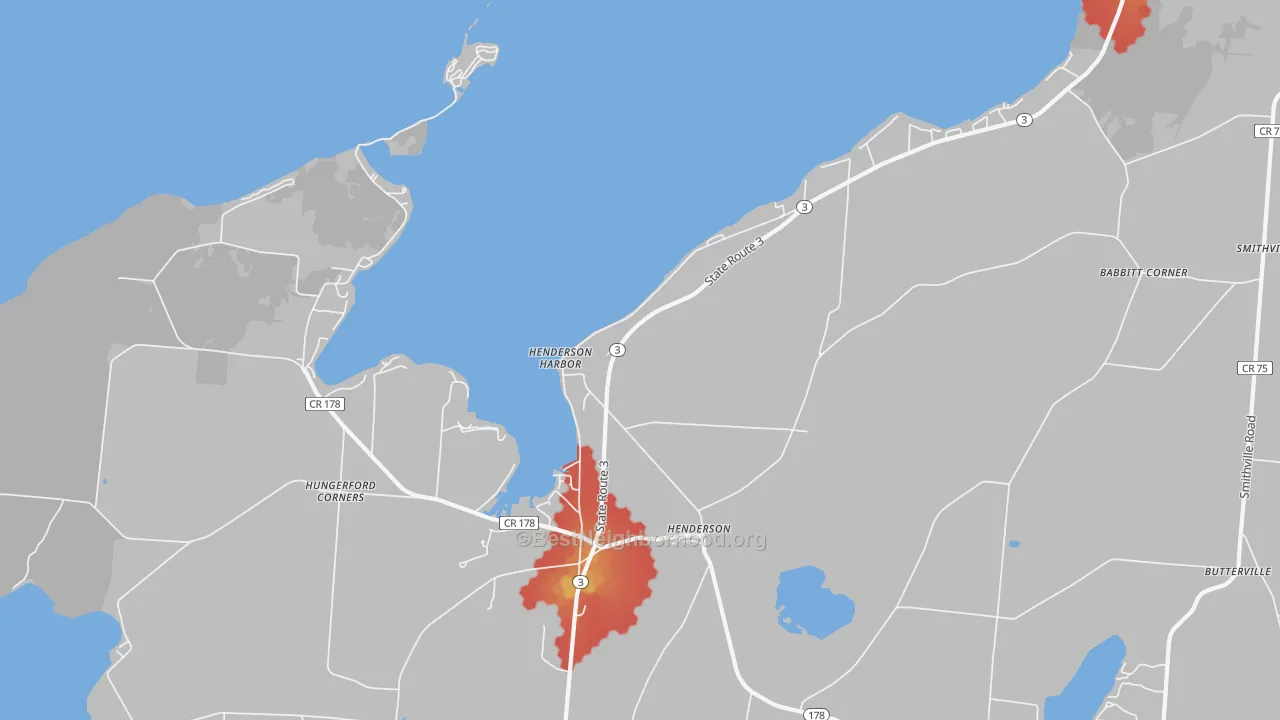 Walk Grade map of 13651, NY, walkable areas in green and car-dependent areas in red