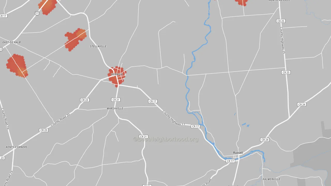 Walk Grade map of 13652, NY, walkable areas in green and car-dependent areas in red