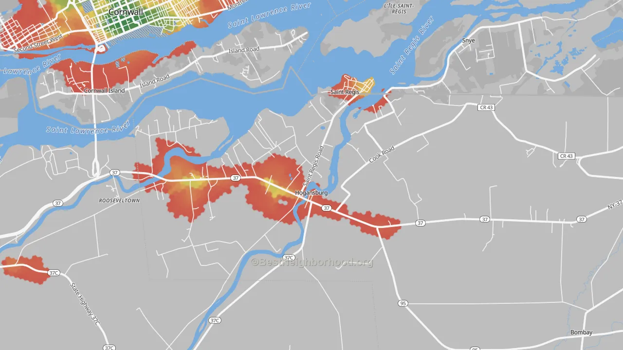 Walk Grade map of 13655, NY, walkable areas in green and car-dependent areas in red