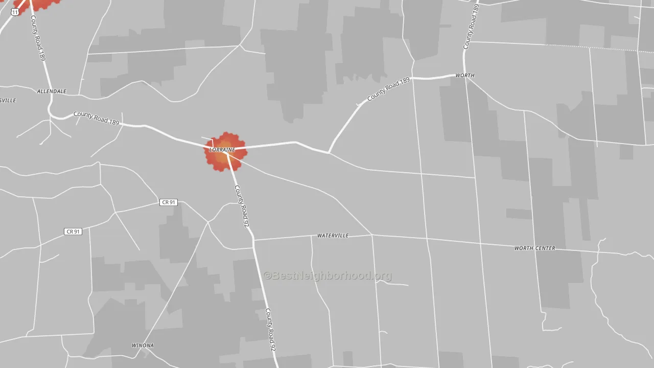 Walk Grade map of 13659, NY, walkable areas in green and car-dependent areas in red