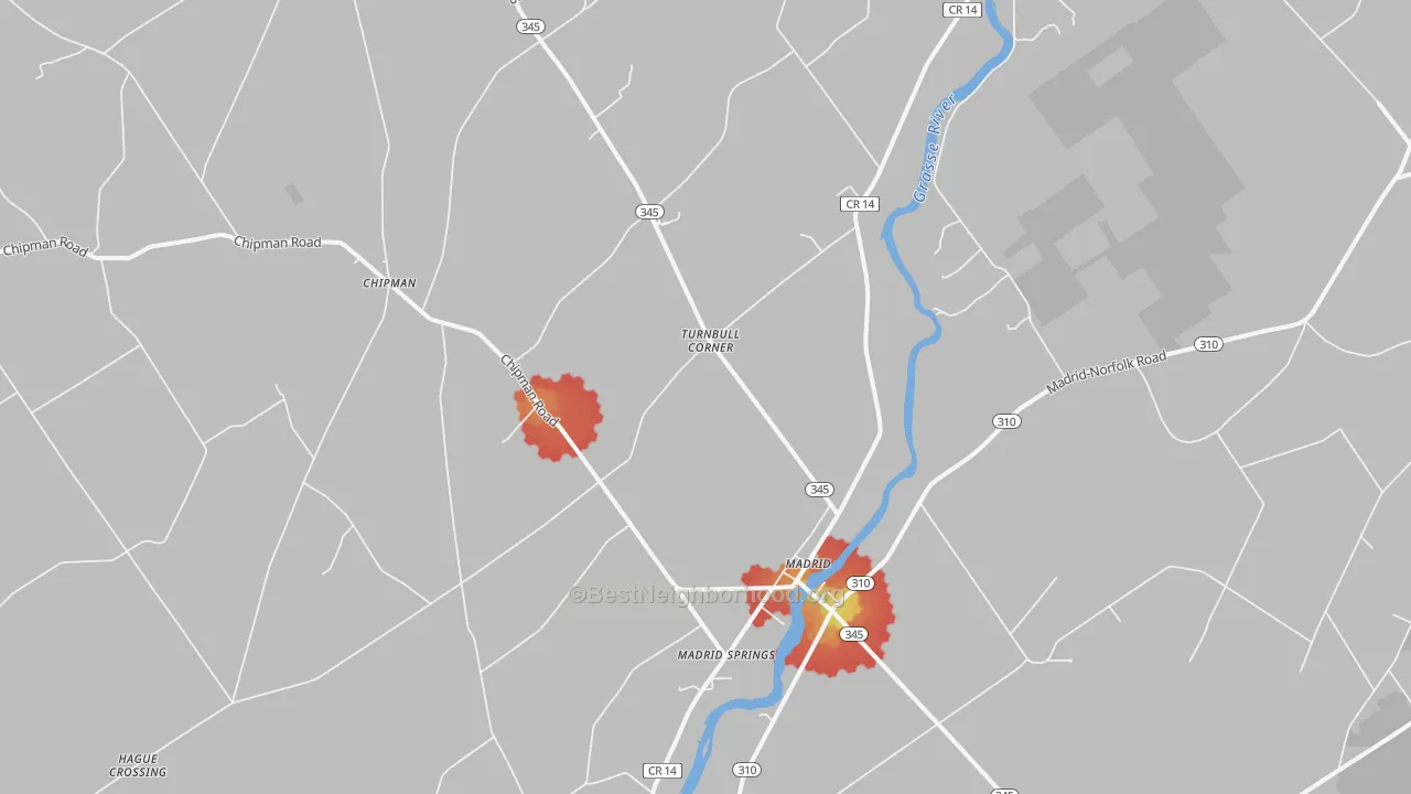 Walk Grade map of 13660, NY, walkable areas in green and car-dependent areas in red