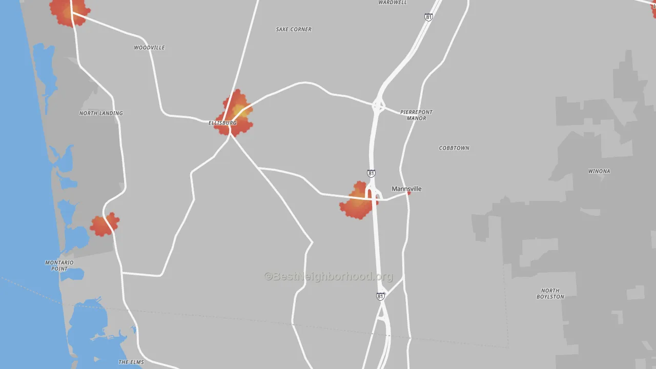 Walk Grade map of 13661, NY, walkable areas in green and car-dependent areas in red