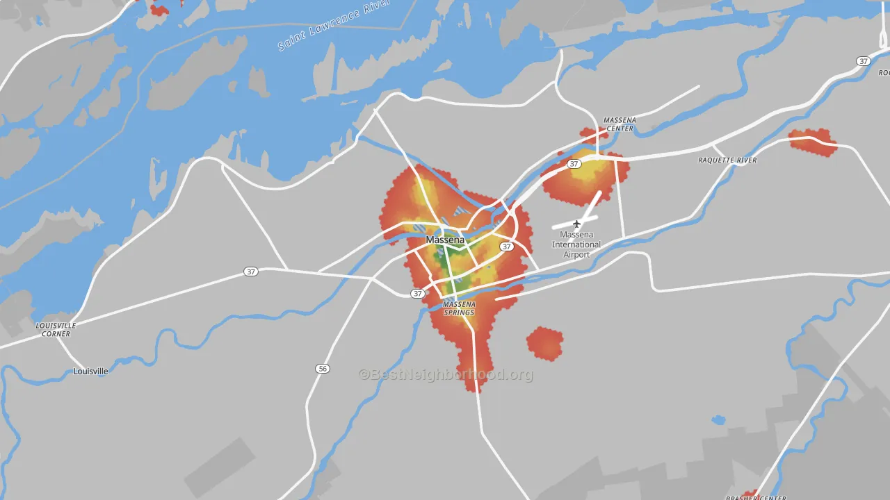 Walk Grade map of 13662, NY, walkable areas in green and car-dependent areas in red