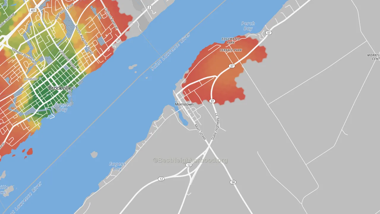 Walk Grade map of 13664, NY, walkable areas in green and car-dependent areas in red