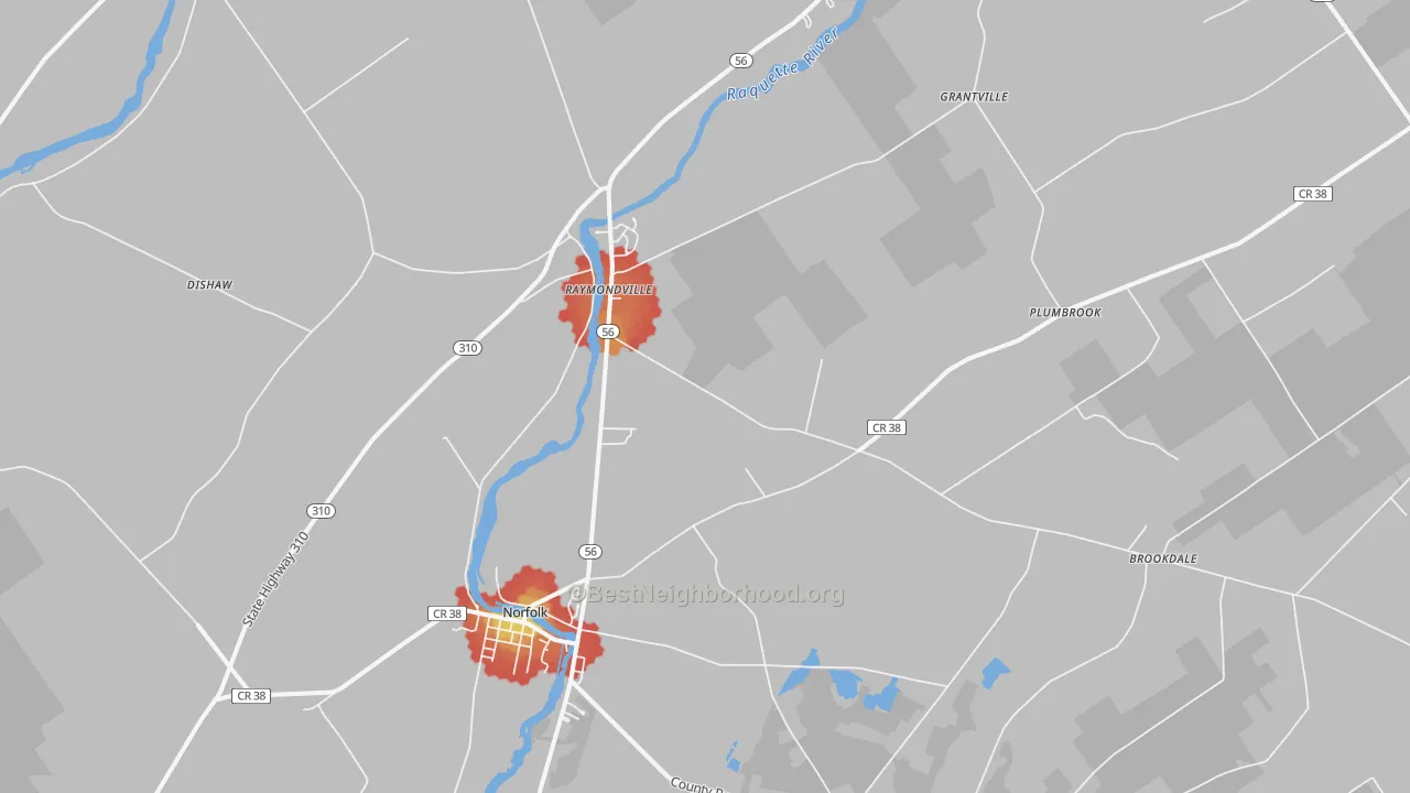 Walk Grade map of 13667, NY, walkable areas in green and car-dependent areas in red