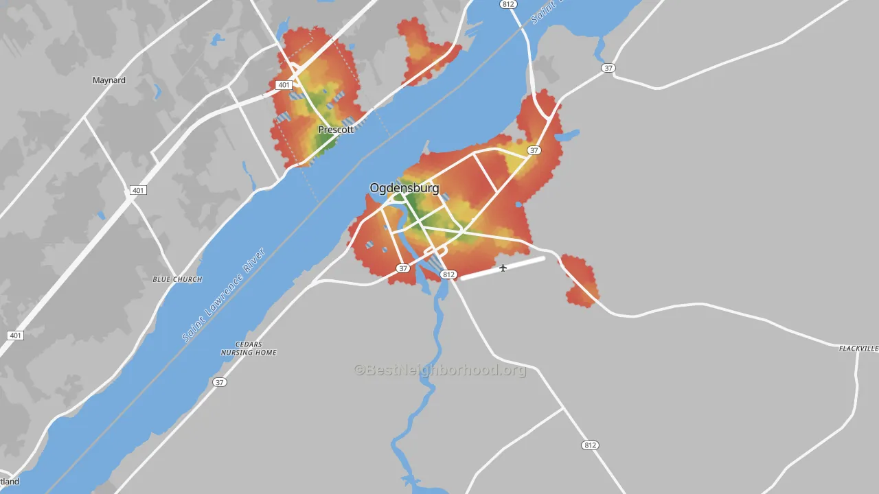 Walk Grade map of 13669, NY, walkable areas in green and car-dependent areas in red