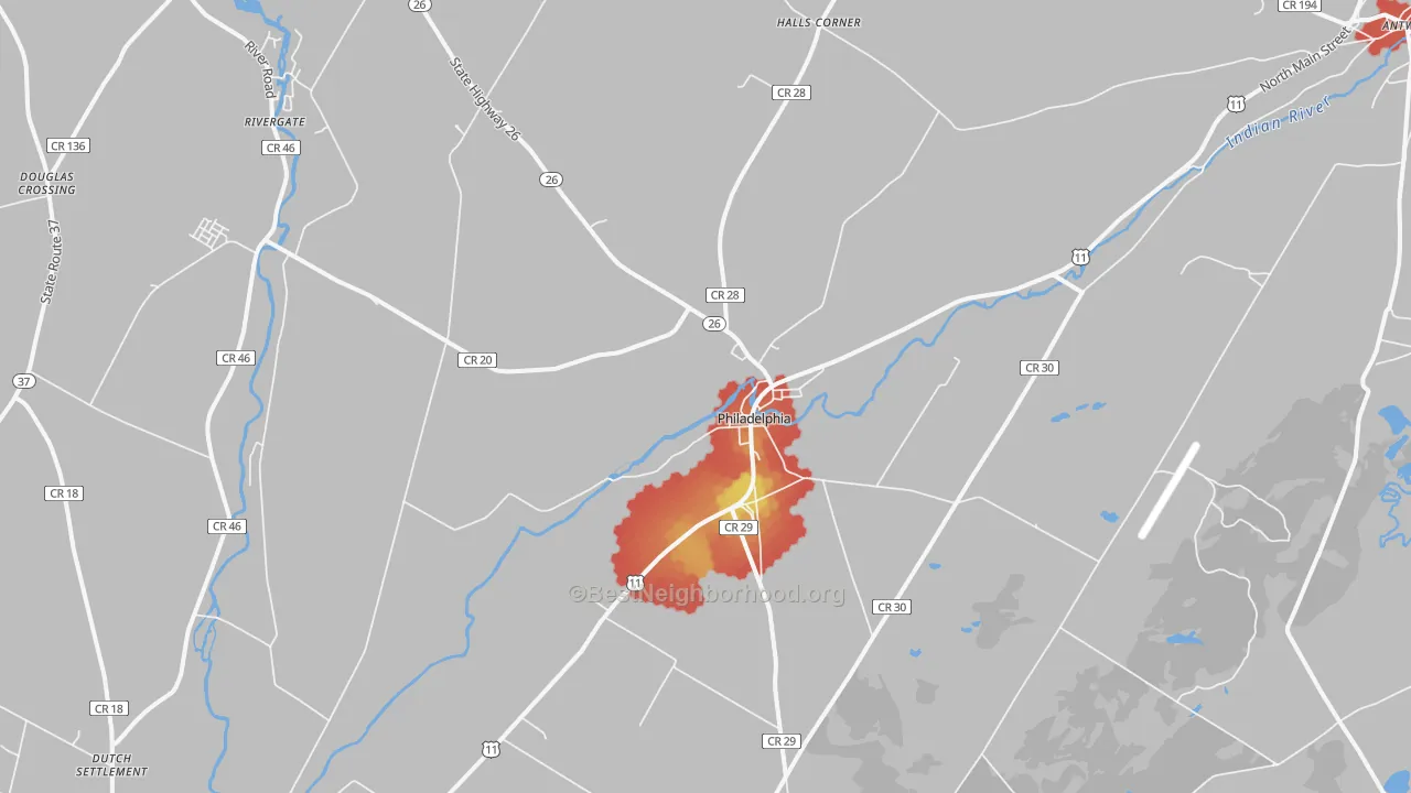 Walk Grade map of 13673, NY, walkable areas in green and car-dependent areas in red