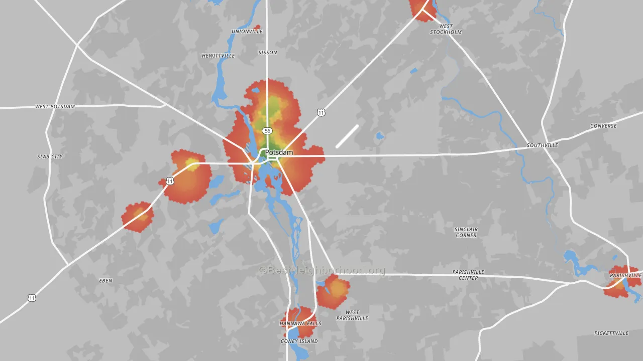 Walk Grade map of 13676, NY, walkable areas in green and car-dependent areas in red