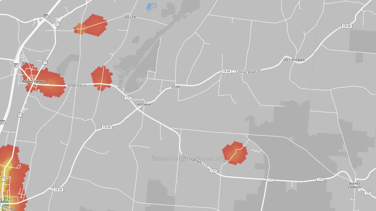 Walk Grade map of 13682, NY, walkable areas in green and car-dependent areas in red