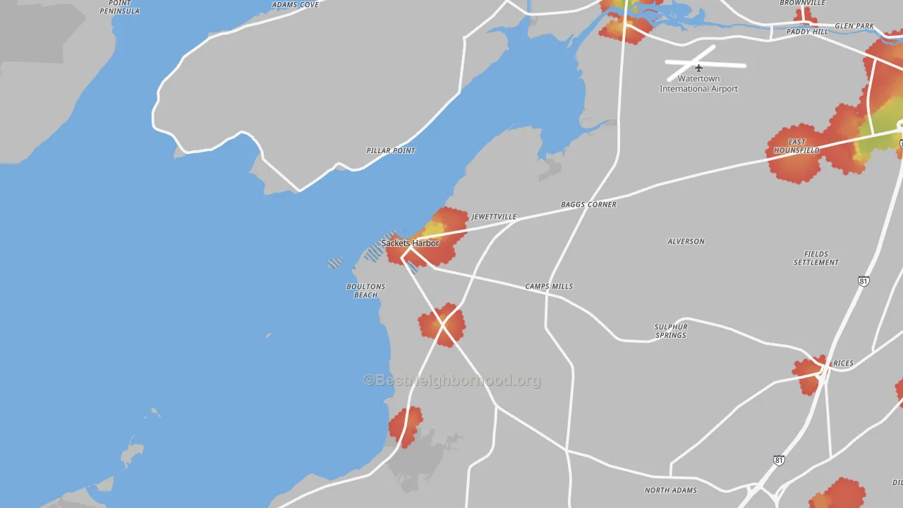 Walk Grade map of 13685, NY, walkable areas in green and car-dependent areas in red